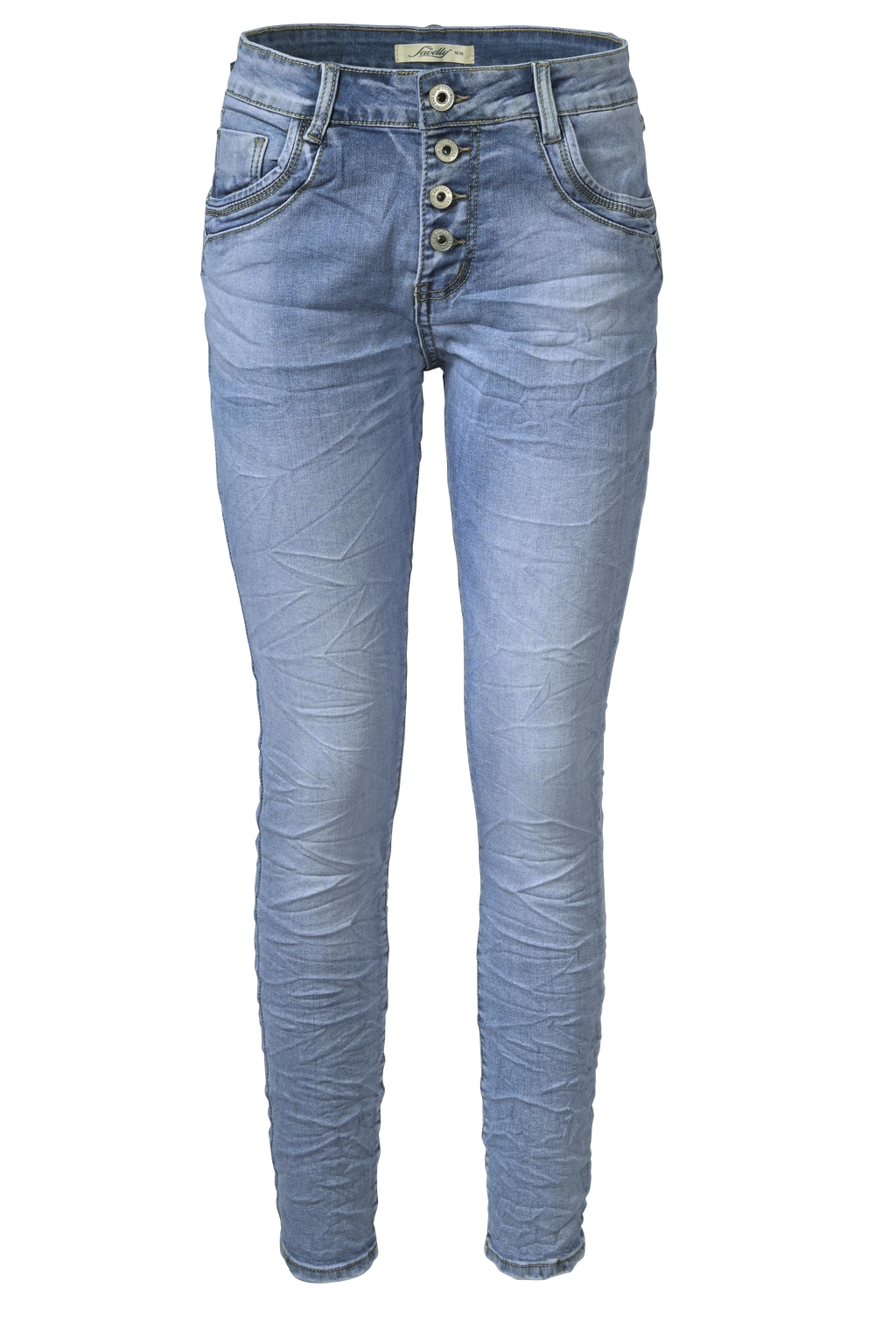 Jewelly Damen Stretch Jeans Five-Pocket im Crash-Look | Boyfriend Hose mit sichtbarer Knopfleiste
