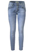 Jewelly Damen Stretch Jeans Five-Pocket im Crash-Look | Boyfriend Hose mit sichtbarer Knopfleiste