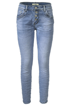 Jewelly Damen Stretch Jeans Five-Pocket im Crash-Look | Boyfriend Hose mit sichtbarer Knopfleiste