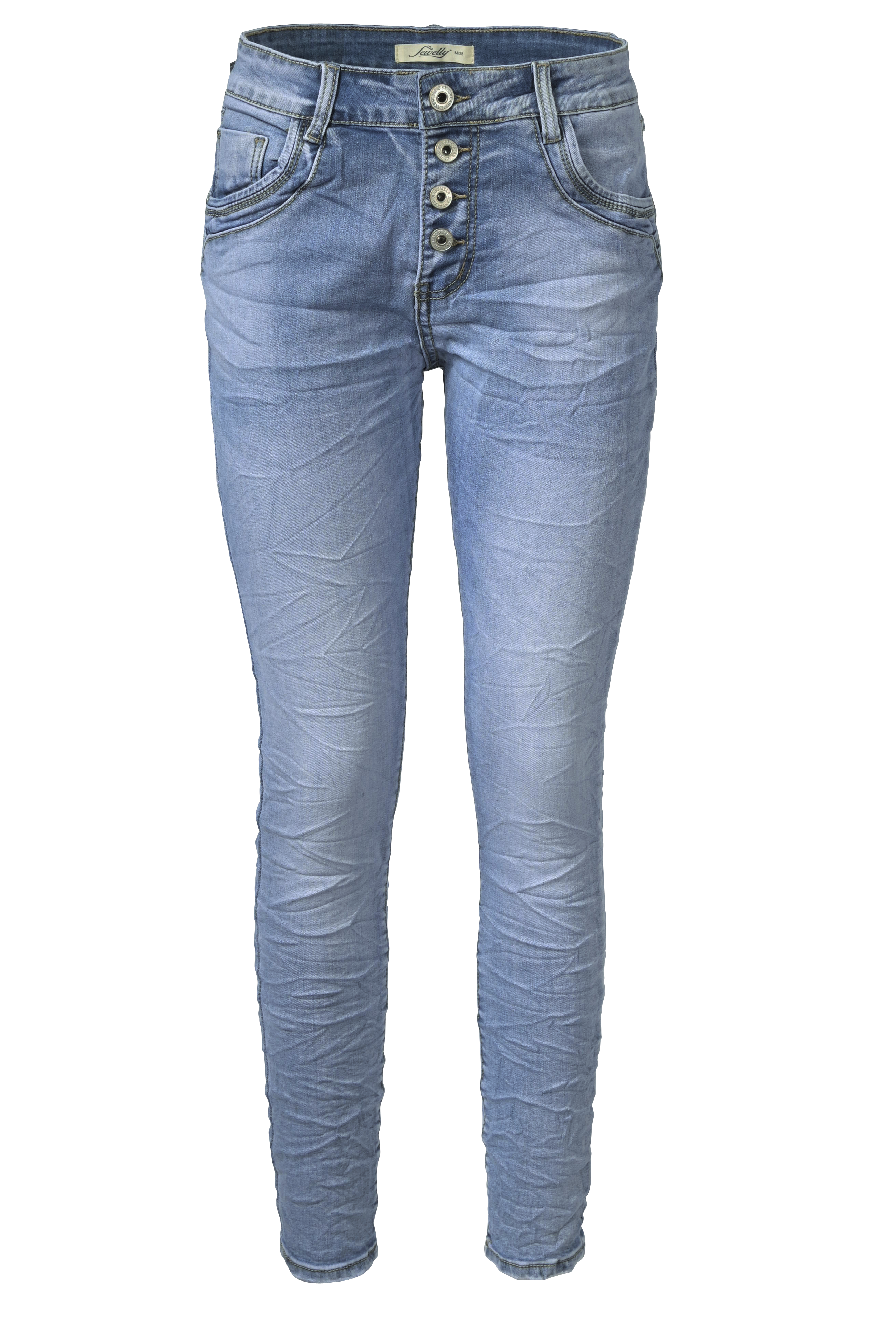 Jewelly Damen Stretch Jeans Five-Pocket im Crash-Look | Boyfriend Hose mit sichtbarer Knopfleiste