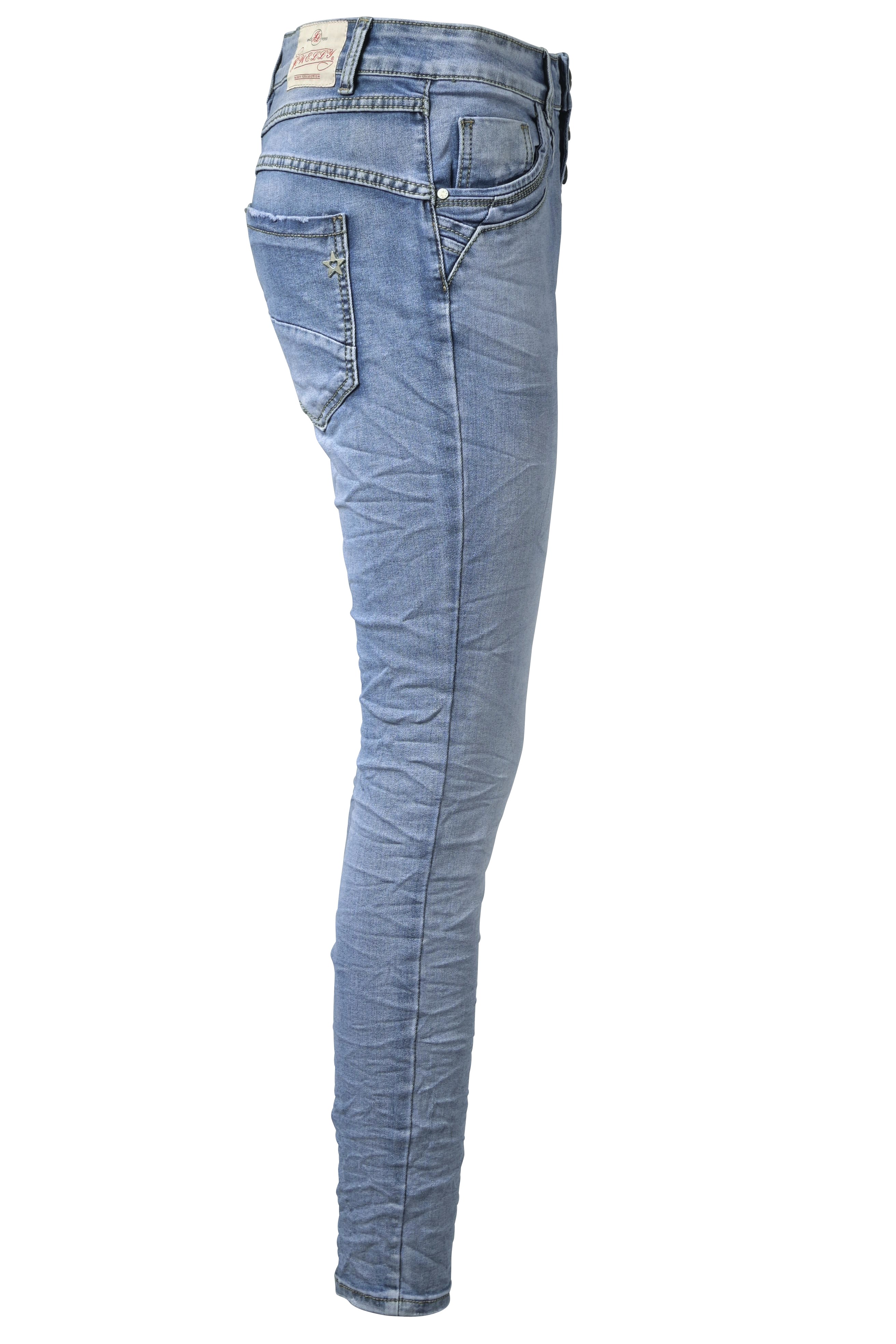 Jewelly Damen Stretch Jeans Five-Pocket im Crash-Look | Boyfriend Hose mit sichtbarer Knopfleiste