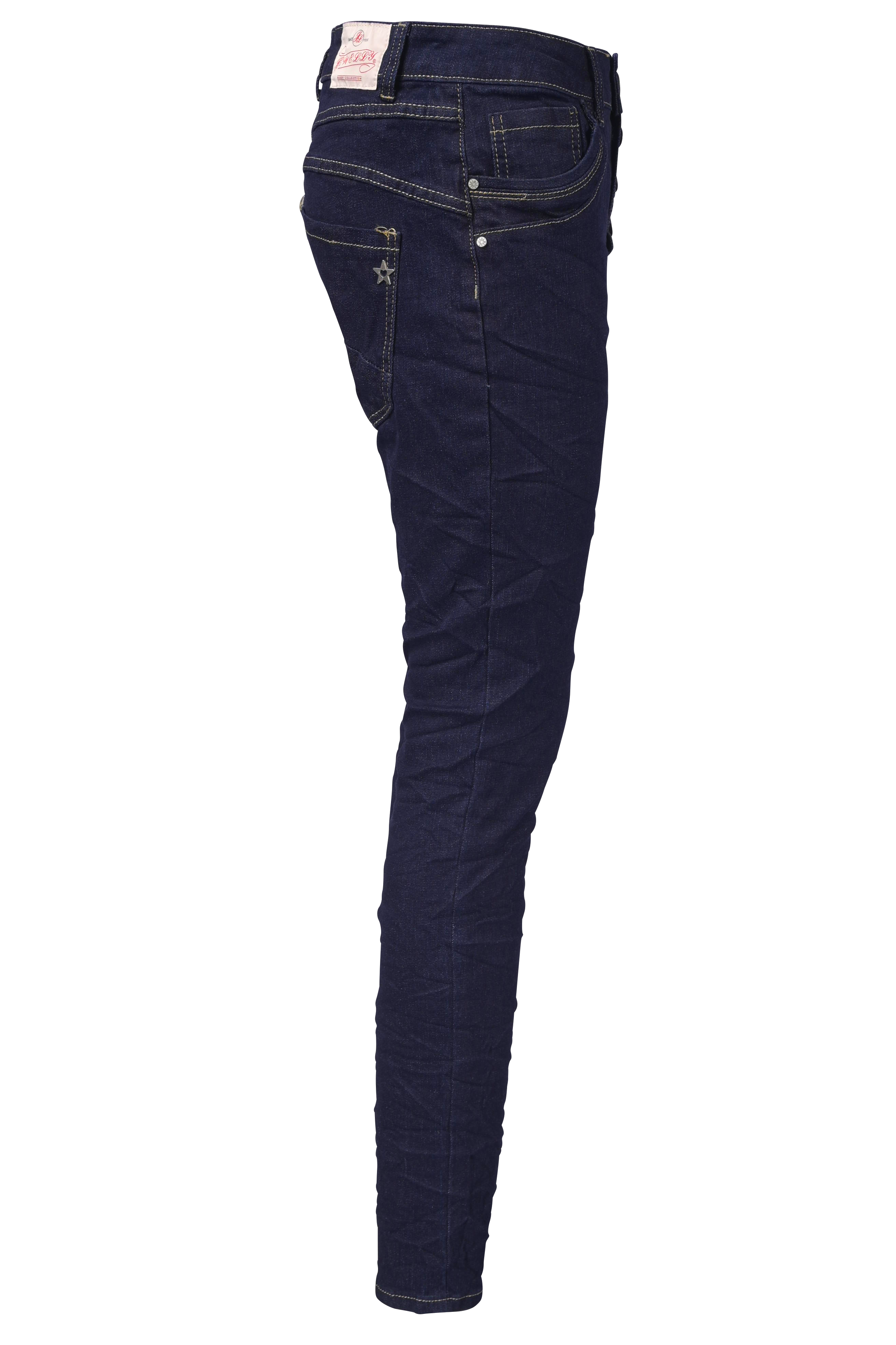 Jewelly Damen Stretch Jeans Five-Pocket im Crash-Look | Boyfriend Hose mit sichtbarer Knopfleiste