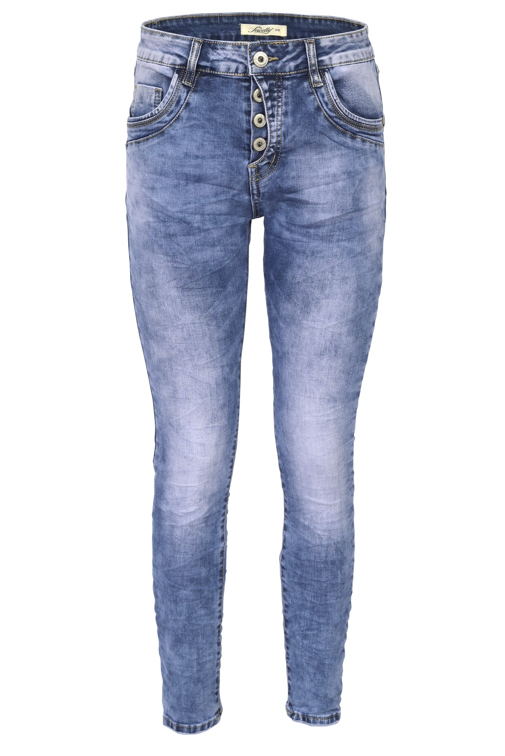 Jewelly Damen Stretch Jeans Five-Pocket im Crash-Look | Boyfriend Hose mit sichtbarer Knopfleiste