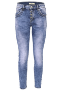 Jewelly Damen Stretch Jeans Five-Pocket im Crash-Look | Boyfriend Hose mit sichtbarer Knopfleiste