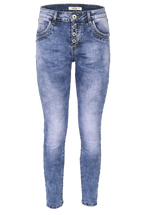 Jewelly Damen Stretch Jeans Five-Pocket im Crash-Look | Boyfriend Hose mit sichtbarer Knopfleiste