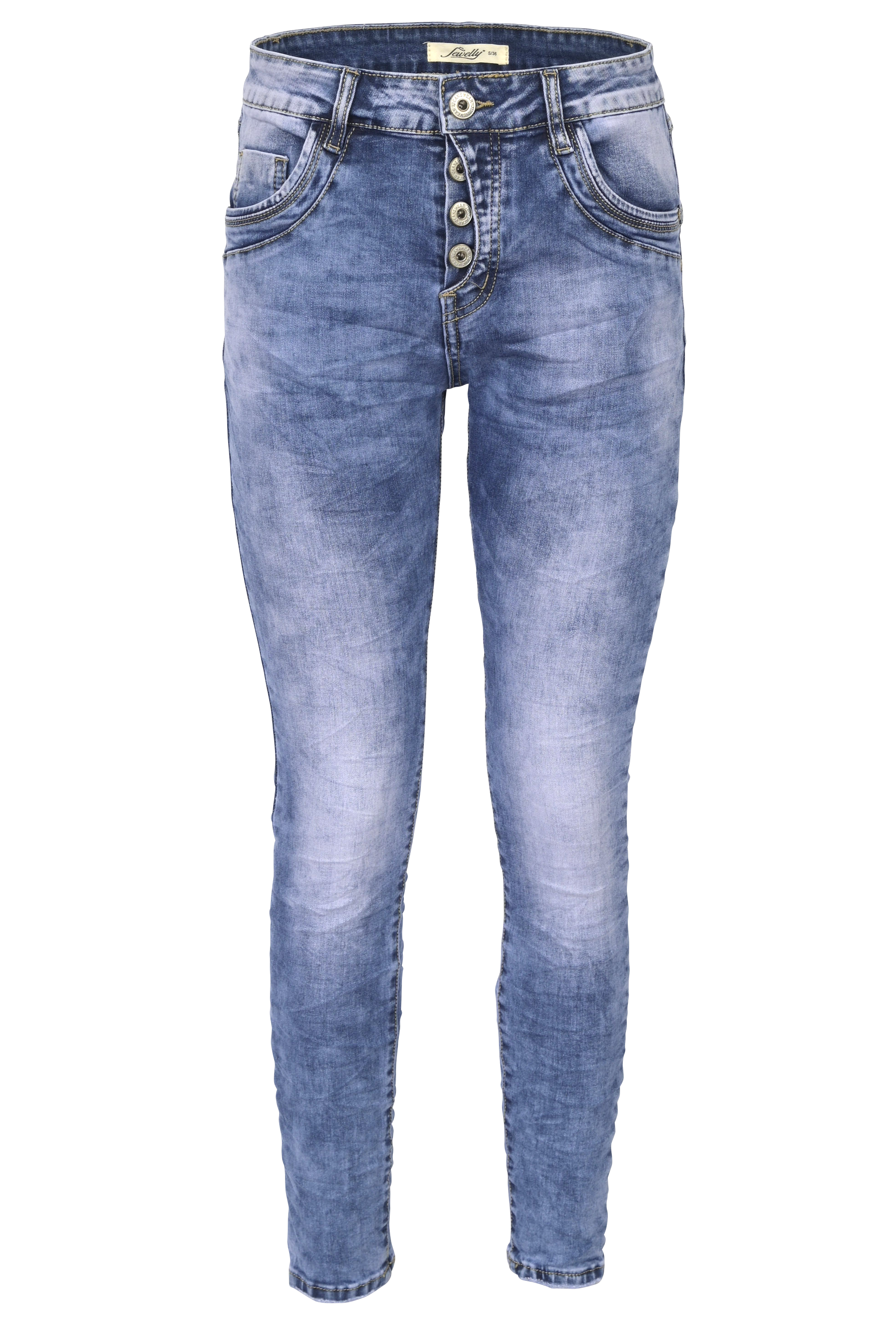 Jewelly Damen Stretch Jeans Five-Pocket im Crash-Look | Boyfriend Hose mit sichtbarer Knopfleiste