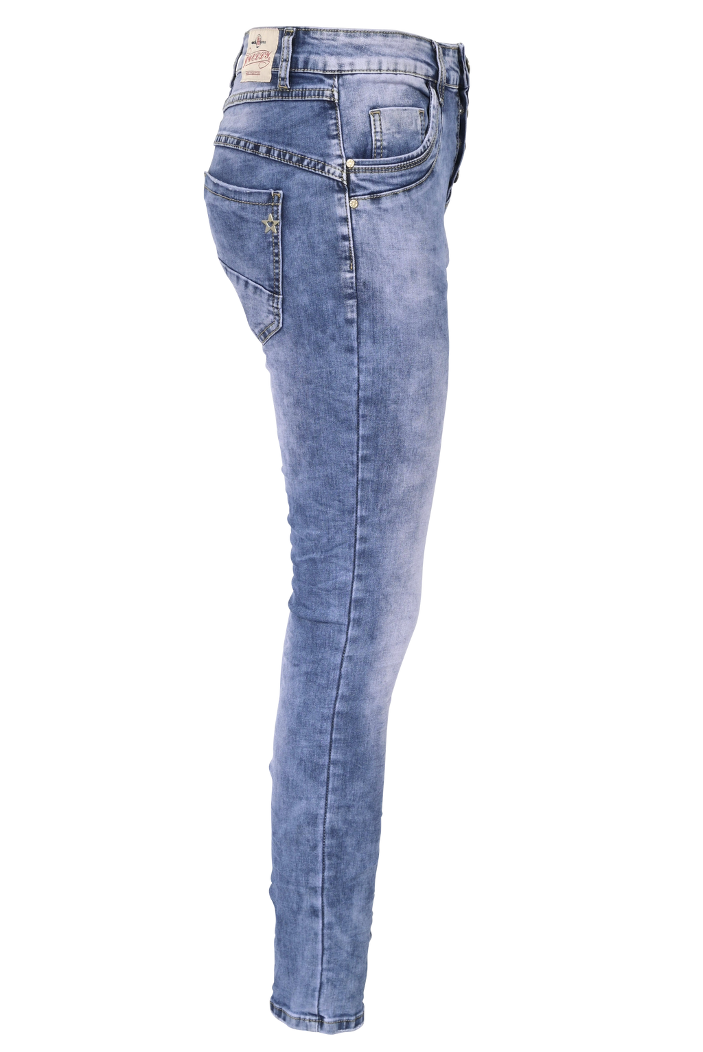 Jewelly Damen Stretch Jeans Five-Pocket im Crash-Look | Boyfriend Hose mit sichtbarer Knopfleiste
