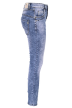 Jewelly Damen Stretch Jeans Five-Pocket im Crash-Look | Boyfriend Hose mit sichtbarer Knopfleiste