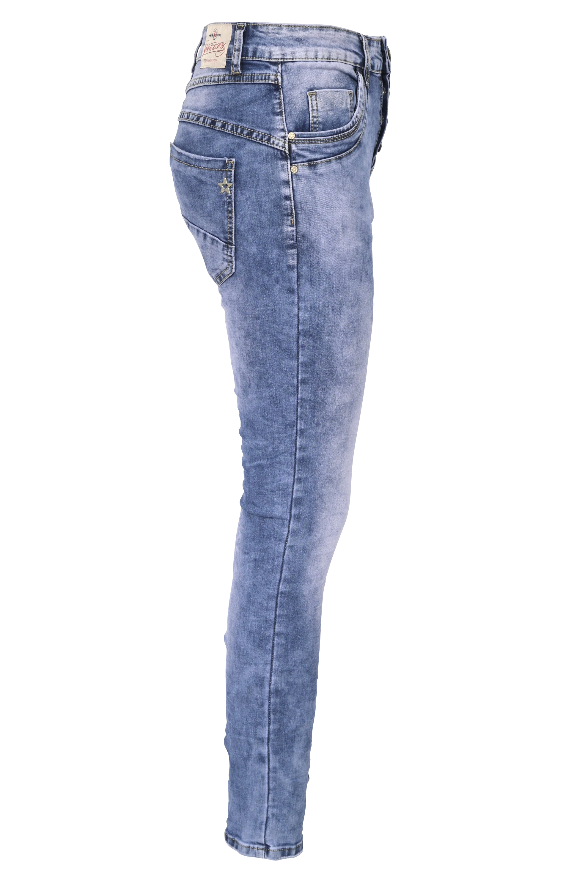 Jewelly Damen Stretch Jeans Five-Pocket im Crash-Look | Boyfriend Hose mit sichtbarer Knopfleiste