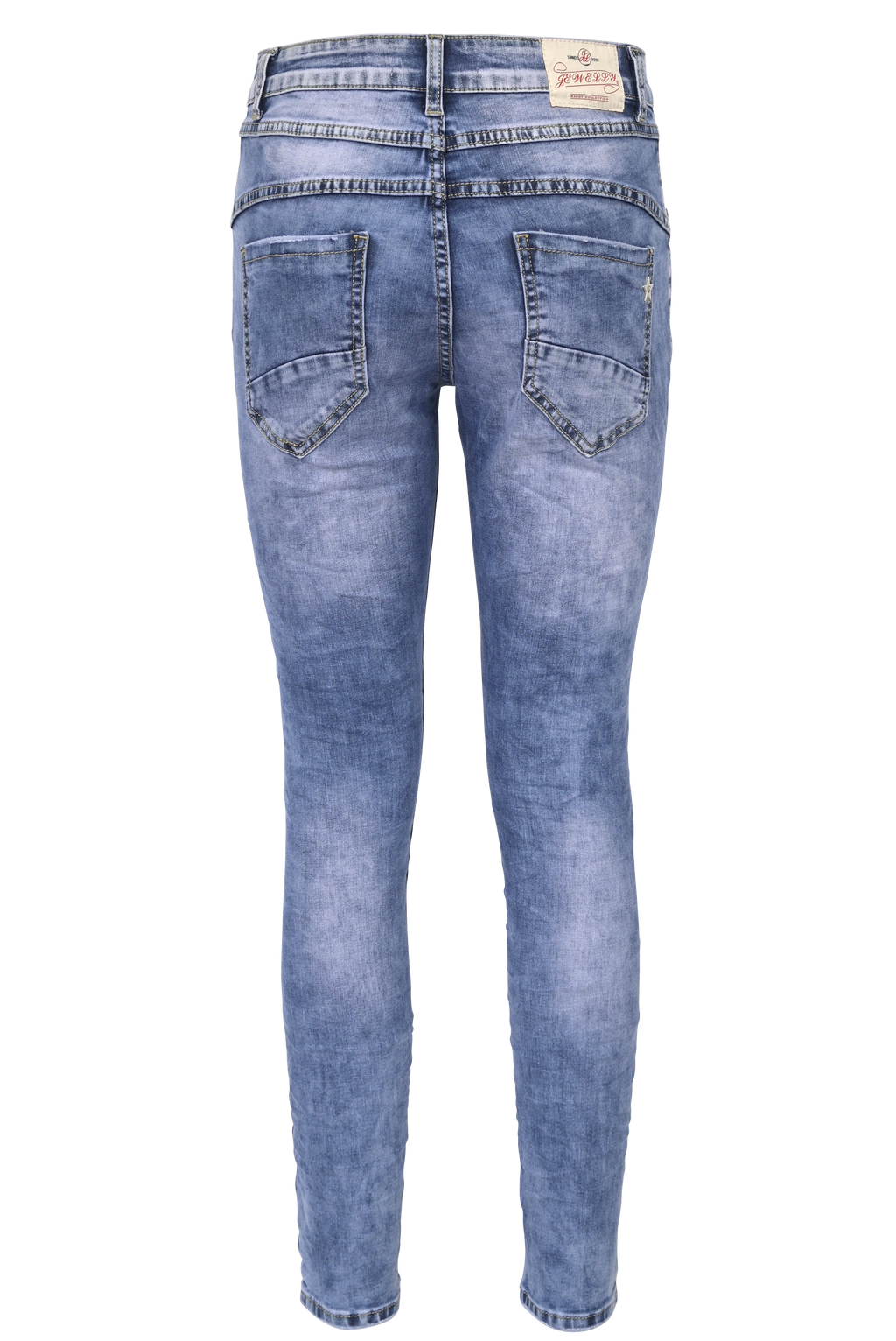 Jewelly Damen Stretch Jeans Five-Pocket im Crash-Look | Boyfriend Hose mit sichtbarer Knopfleiste
