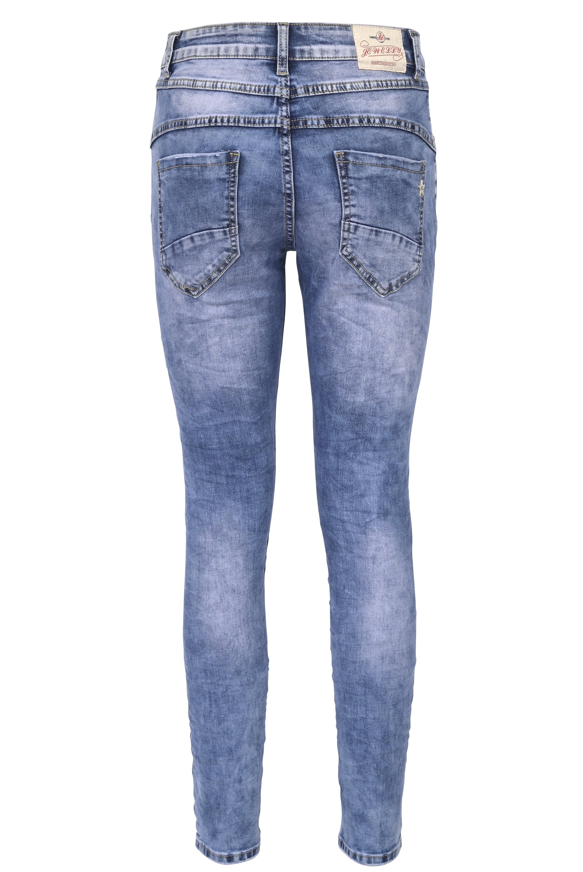 Jewelly Damen Stretch Jeans Five-Pocket im Crash-Look | Boyfriend Hose mit sichtbarer Knopfleiste