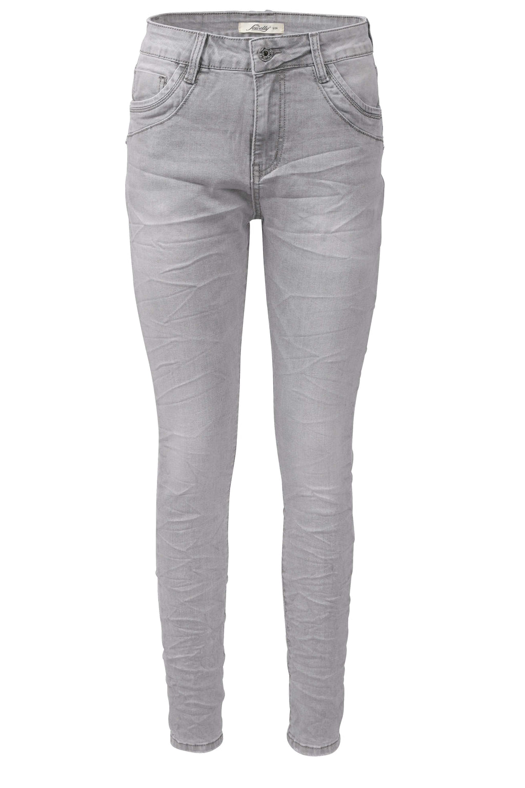 Jewelly Damen Jeans | Five-Pocket-Jeans | Boyfriend -Cut - im Crash-Look mit Reißverschluss und Strassknopf | Angenehme Stretch - Qualität | Farbe Grau