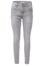 Jewelly Damen Jeans | Five-Pocket-Jeans | Boyfriend -Cut - im Crash-Look mit Reißverschluss und Strassknopf | Angenehme Stretch - Qualität | Farbe Grau