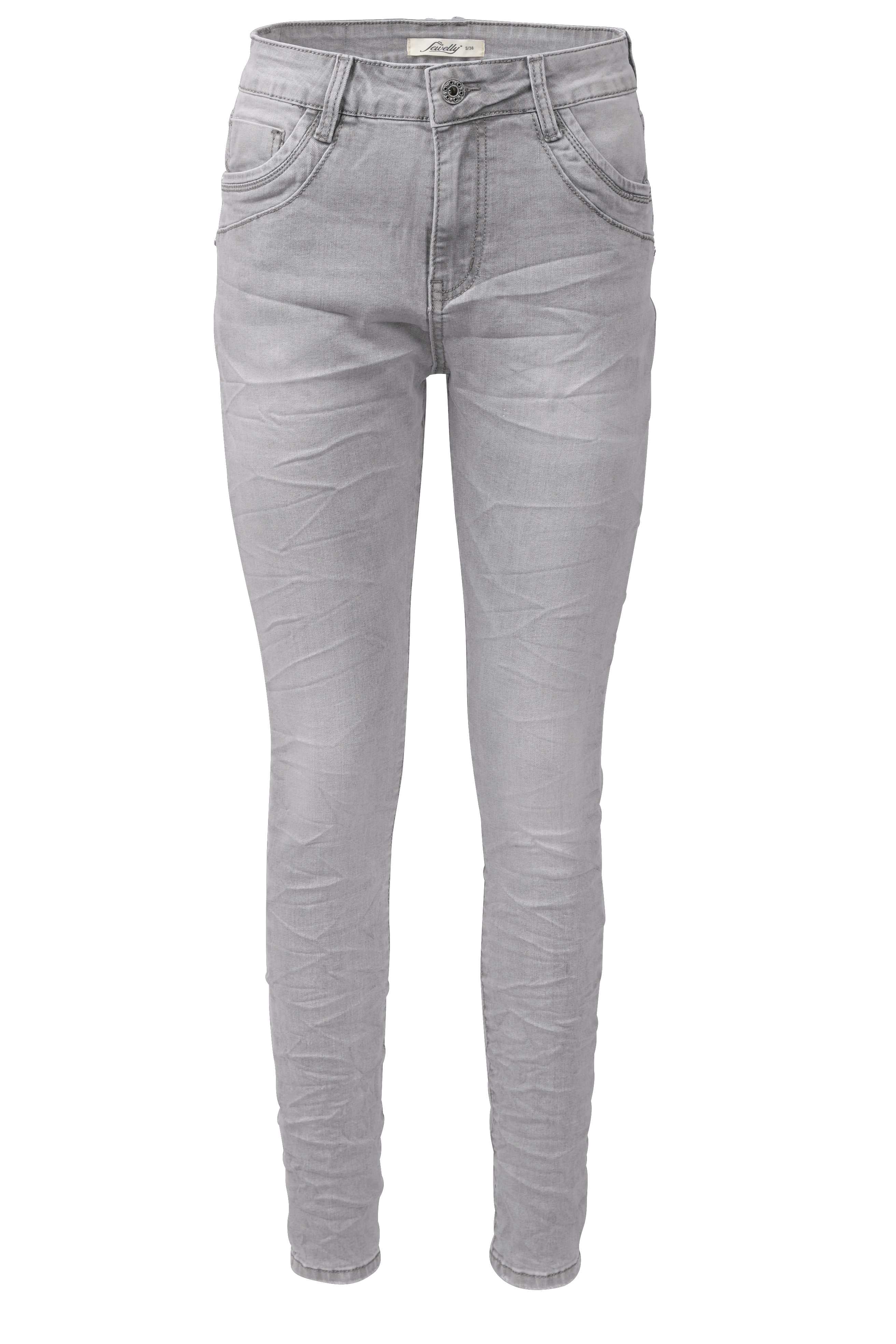 Jewelly Damen Jeans | Five-Pocket-Jeans | Boyfriend -Cut - im Crash-Look mit Reißverschluss und Strassknopf | Angenehme Stretch - Qualität | Farbe Grau