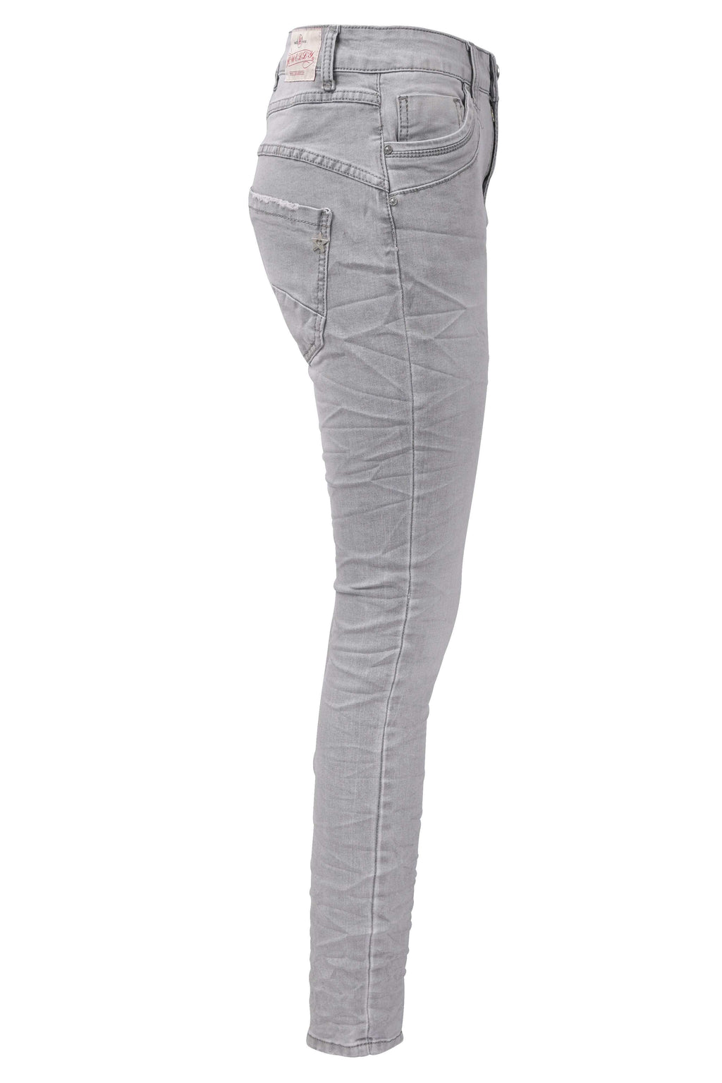 Jewelly Damen Jeans | Five-Pocket-Jeans | Boyfriend -Cut - im Crash-Look mit Reißverschluss und Strassknopf | Angenehme Stretch - Qualität | Farbe Grau