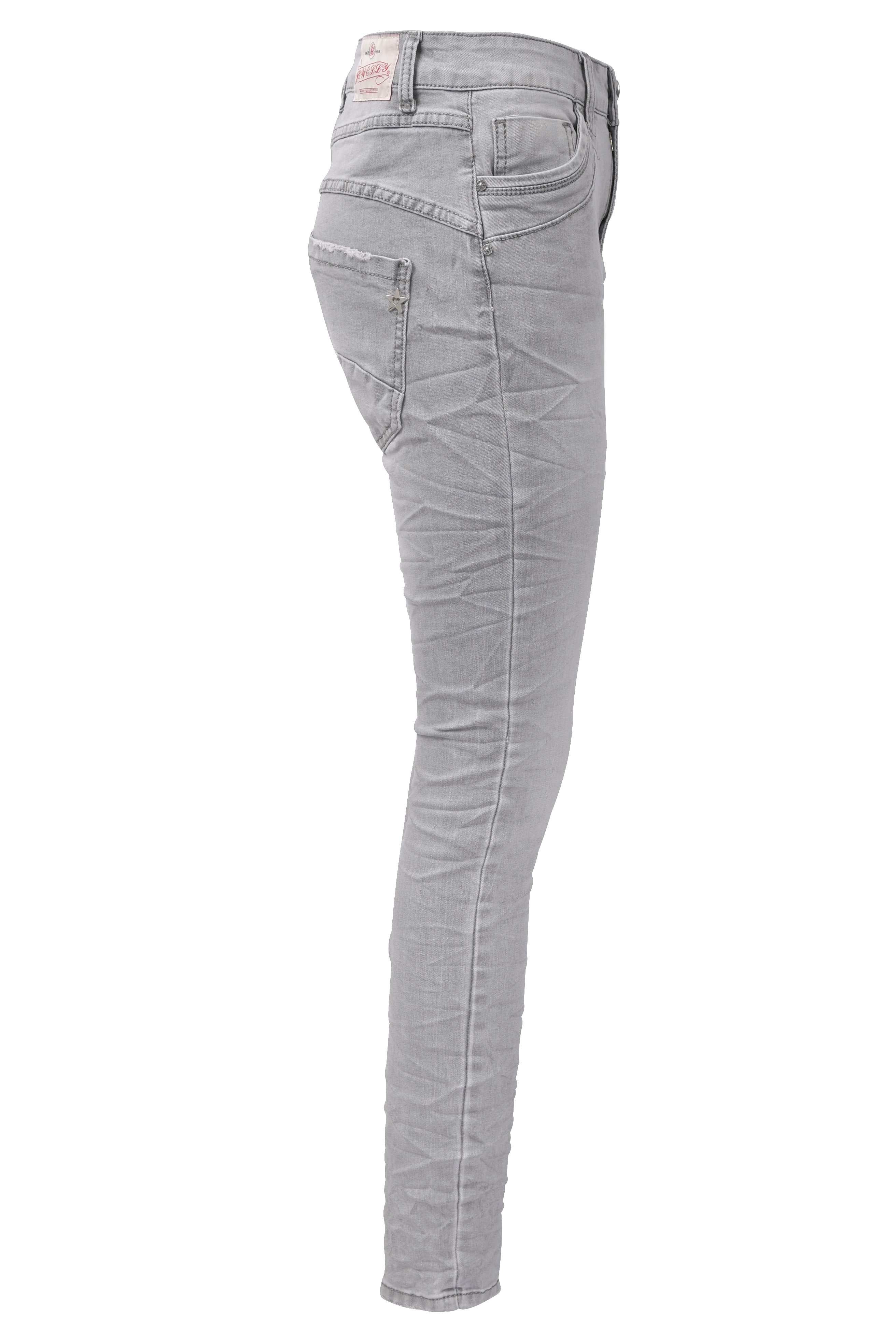 Jewelly Damen Jeans | Five-Pocket-Jeans | Boyfriend -Cut - im Crash-Look mit Reißverschluss und Strassknopf | Angenehme Stretch - Qualität | Farbe Grau