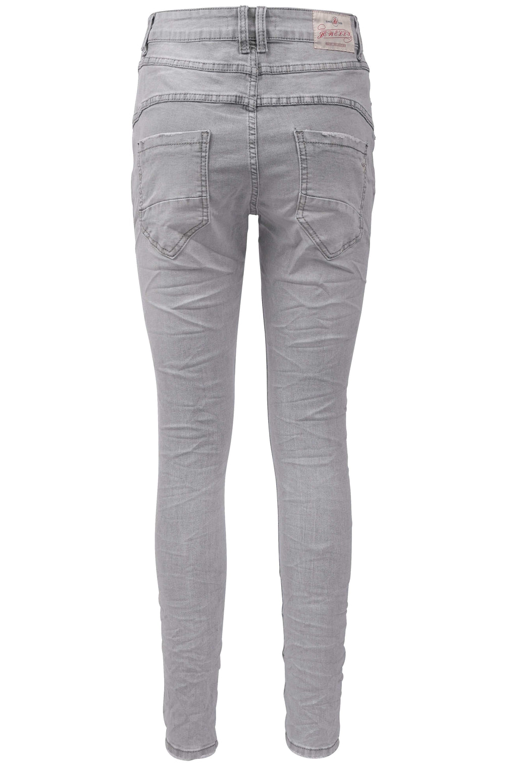Jewelly Damen Jeans | Five-Pocket-Jeans | Boyfriend -Cut - im Crash-Look mit Reißverschluss und Strassknopf | Angenehme Stretch - Qualität | Farbe Grau