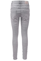 Jewelly Damen Jeans | Five-Pocket-Jeans | Boyfriend -Cut - im Crash-Look mit Reißverschluss und Strassknopf | Angenehme Stretch - Qualität | Farbe Grau