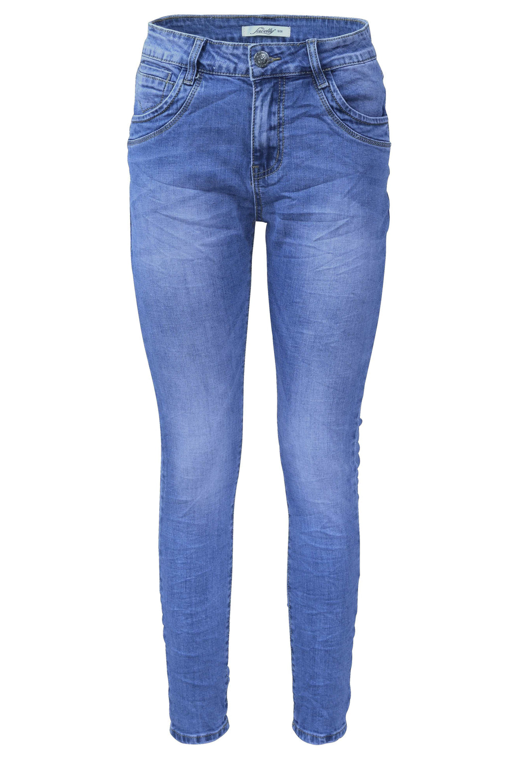 Jewelly Damen Stretch Jeans Five-Pocket im Crash-Look | Boyfriend Hose | Reißverschluss | Strechjeans | Strechhose | Damenjeans