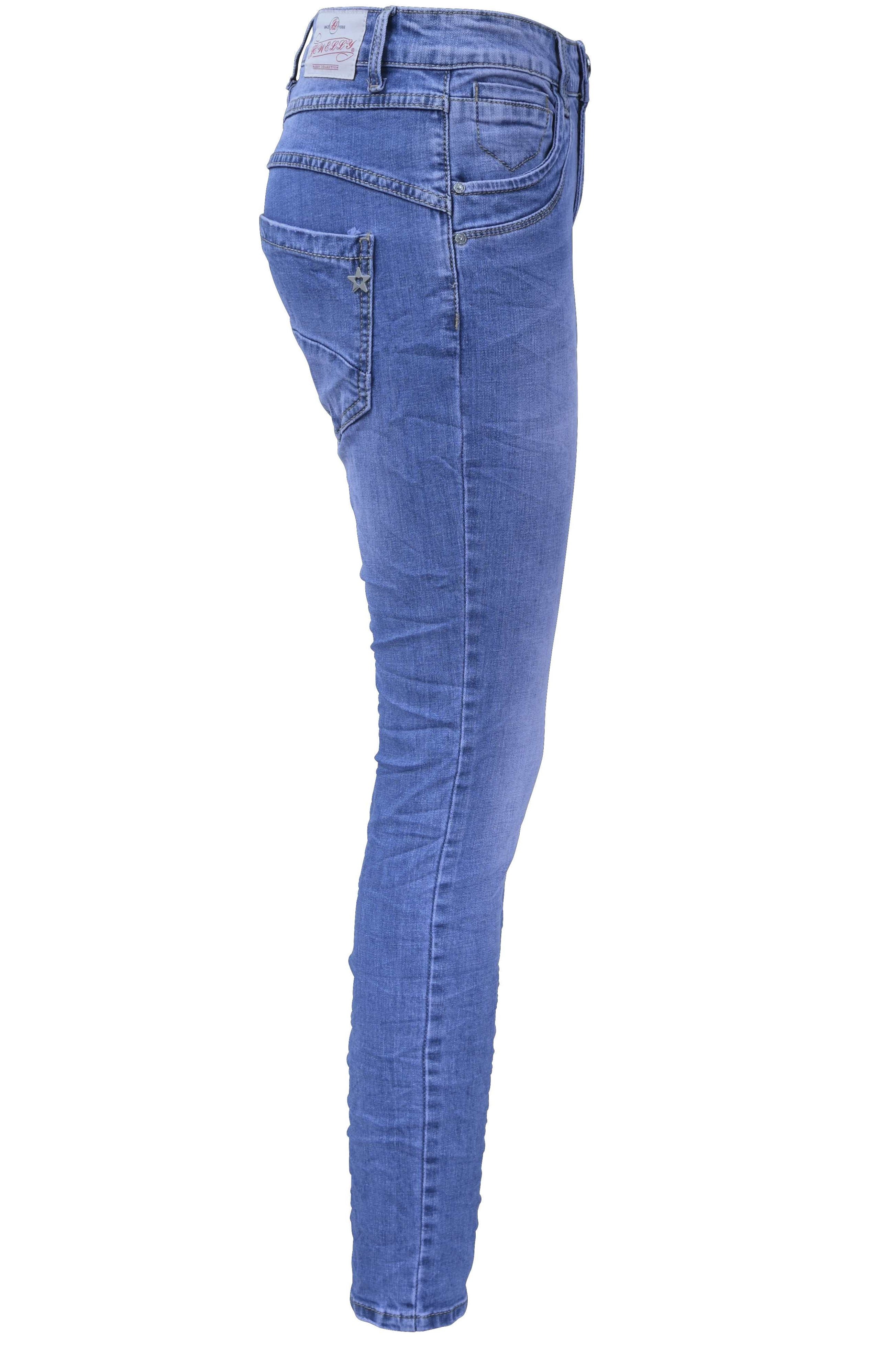 Jewelly Damen Stretch Jeans Five-Pocket im Crash-Look | Boyfriend Hose | Reißverschluss | Strechjeans | Strechhose | Damenjeans