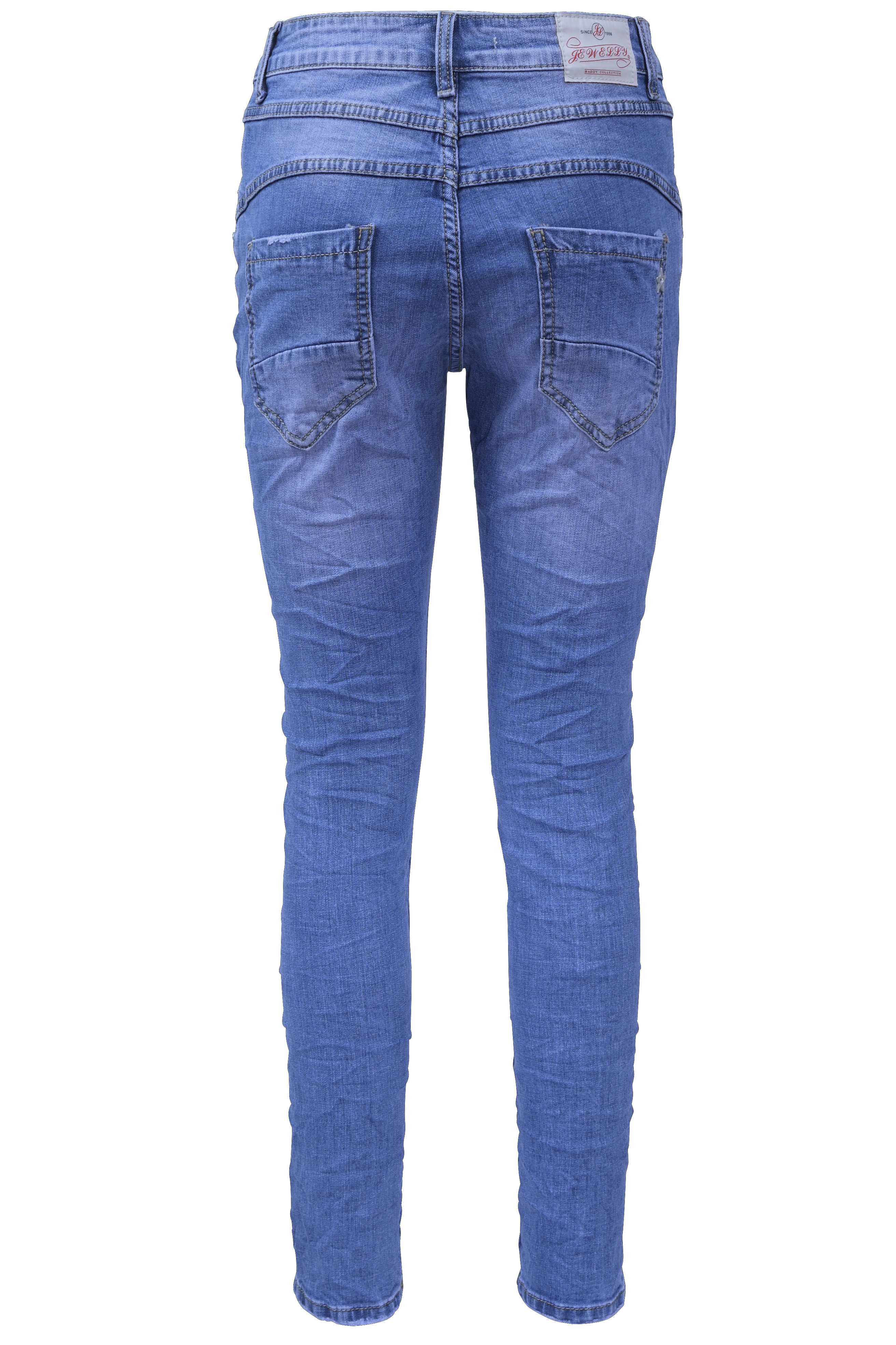 Jewelly Damen Stretch Jeans Five-Pocket im Crash-Look | Boyfriend Hose | Reißverschluss | Strechjeans | Strechhose | Damenjeans