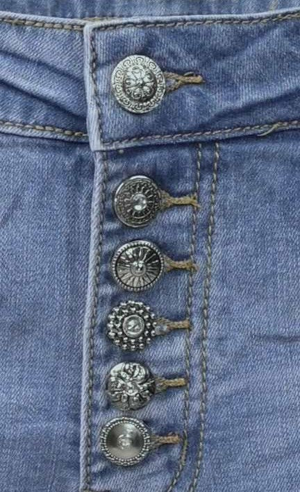 Jewelly Damen Stretch Jeans Five-Pocket im Crash-Look | Boyfriend Hose und sichtbarer Knopfleiste mit Strassknöpfen