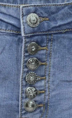 Jewelly Damen Stretch Jeans Five-Pocket im Crash-Look | Boyfriend Hose und sichtbarer Knopfleiste mit Strassknöpfen