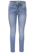 Jewelly Damen Stretch Jeans Five-Pocket im Crash-Look | Boyfriend Hose und sichtbarer Knopfleiste mit Strassknöpfen