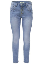 Jewelly Damen Stretch Jeans Five-Pocket im Crash-Look | Boyfriend Hose und sichtbarer Knopfleiste mit Strassknöpfen
