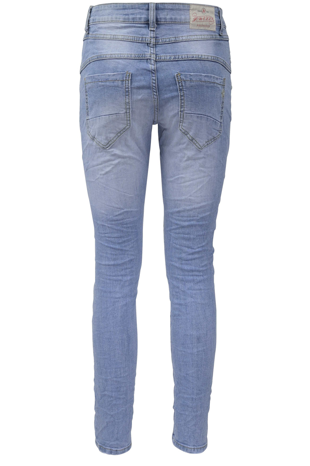 Jewelly Damen Stretch Jeans Five-Pocket im Crash-Look | Boyfriend Hose und sichtbarer Knopfleiste mit Strassknöpfen