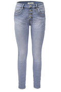 Jewelly Damen Stretch Jeans Five-Pocket im Crash-Look | Boyfriend Hose mit sichtbarer Knopfleiste
