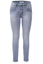 Jewelly Damen Stretch Jeans Five-Pocket im Crash-Look | Boyfriend Hose mit sichtbarer Knopfleiste