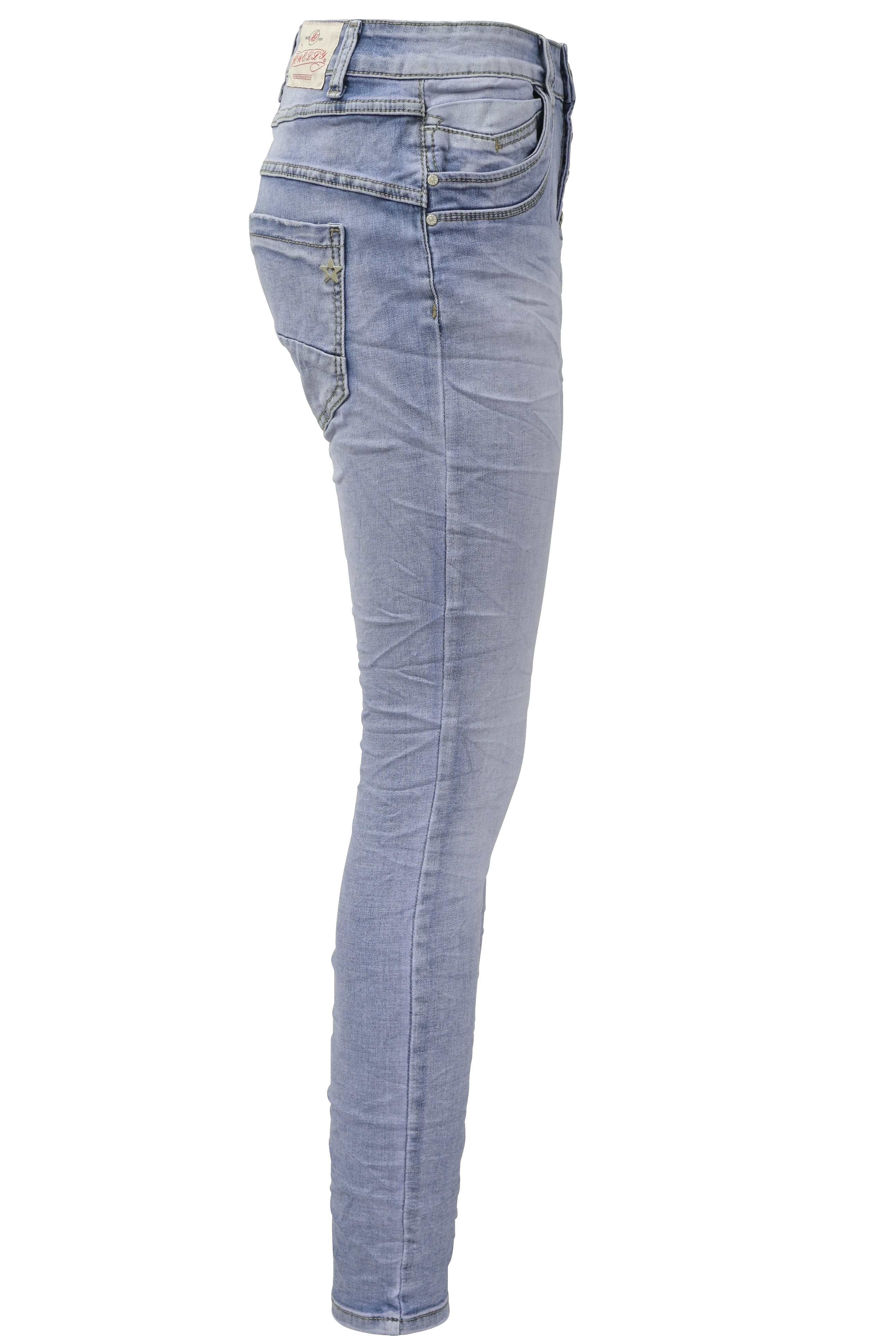 Jewelly Damen Stretch Jeans Five-Pocket im Crash-Look | Boyfriend Hose mit sichtbarer Knopfleiste