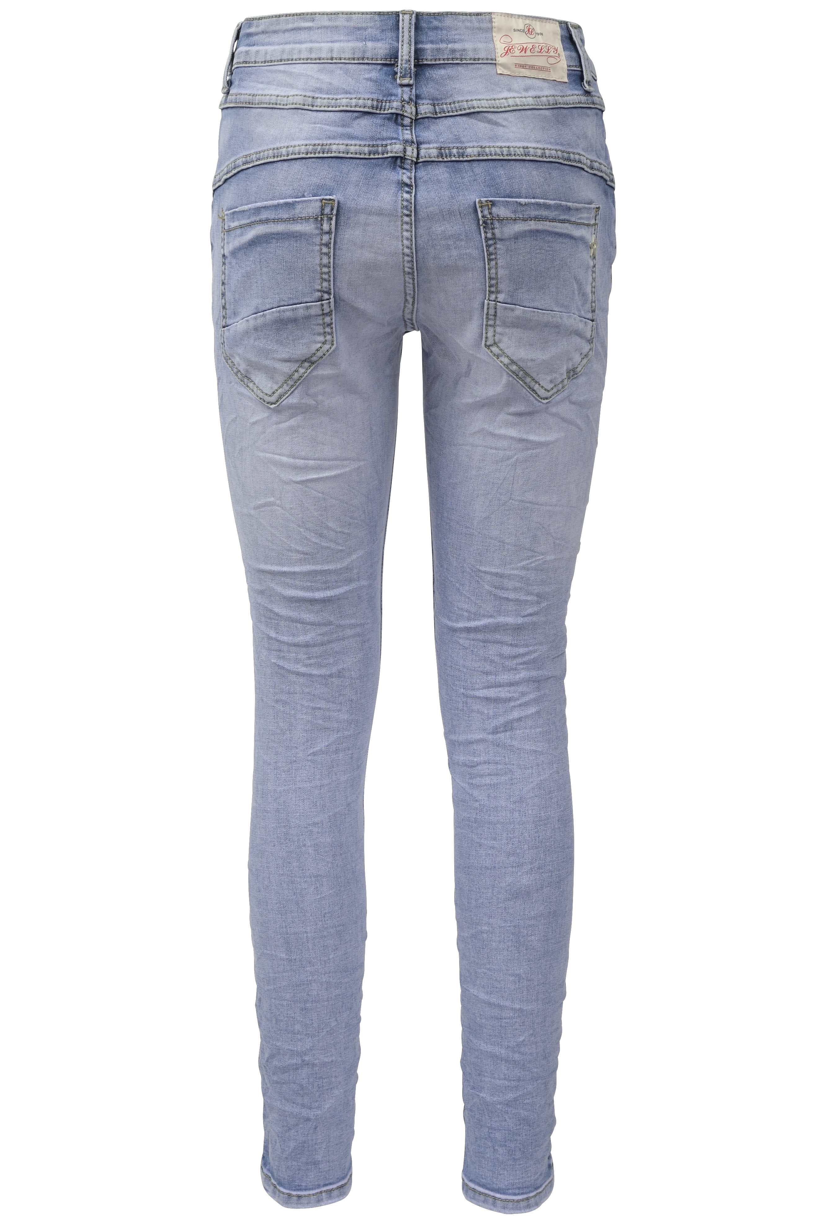 Jewelly Damen Stretch Jeans Five-Pocket im Crash-Look | Boyfriend Hose mit sichtbarer Knopfleiste