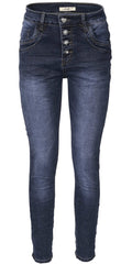 Jewelly Damen Jeans  | Stretch Jeans Five-Pocket im Crash-Look | Boyfriend Hose und sichtbarer Knopfleiste mit Schmuckknöpfen