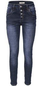 Jewelly Damen Jeans  | Stretch Jeans Five-Pocket im Crash-Look | Boyfriend Hose und sichtbarer Knopfleiste mit Schmuckknöpfen