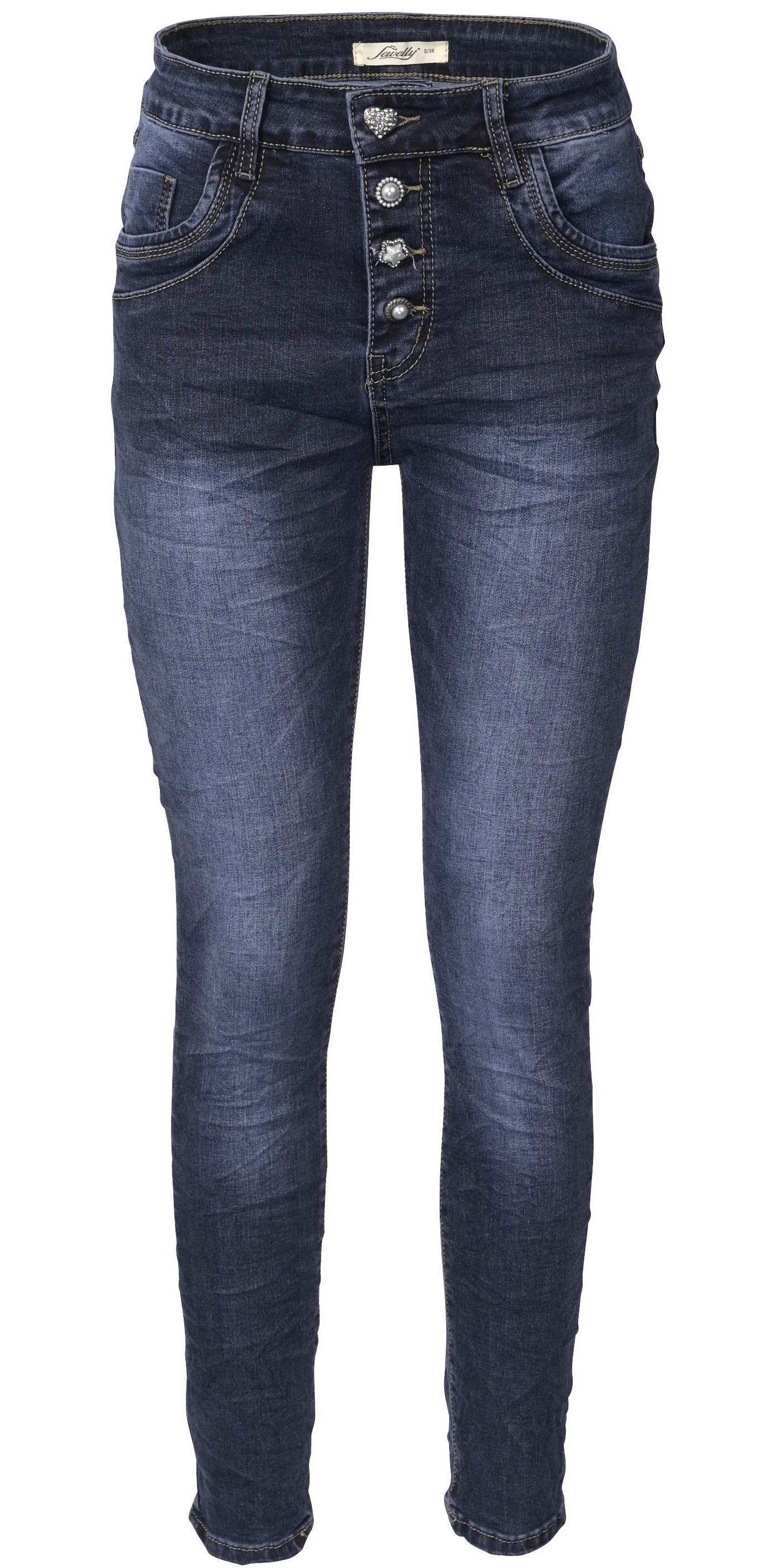 Jewelly Damen Jeans  | Stretch Jeans Five-Pocket im Crash-Look | Boyfriend Hose und sichtbarer Knopfleiste mit Schmuckknöpfen