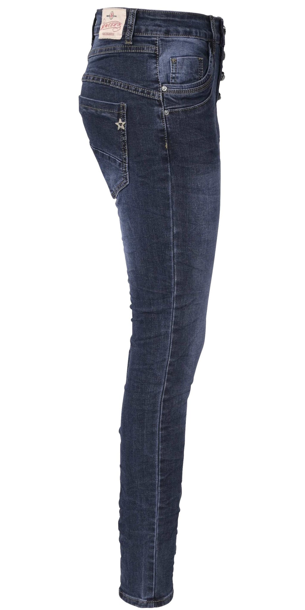 Jewelly Damen Jeans  | Stretch Jeans Five-Pocket im Crash-Look | Boyfriend Hose und sichtbarer Knopfleiste mit Schmuckknöpfen