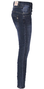 Jewelly Damen Jeans  | Stretch Jeans Five-Pocket im Crash-Look | Boyfriend Hose und sichtbarer Knopfleiste mit Schmuckknöpfen