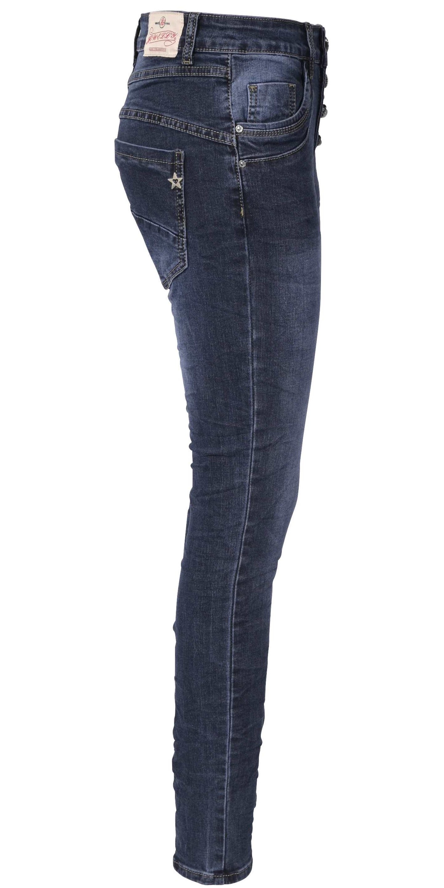 Jewelly Damen Jeans  | Stretch Jeans Five-Pocket im Crash-Look | Boyfriend Hose und sichtbarer Knopfleiste mit Schmuckknöpfen