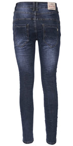 Jewelly Damen Jeans  | Stretch Jeans Five-Pocket im Crash-Look | Boyfriend Hose und sichtbarer Knopfleiste mit Schmuckknöpfen