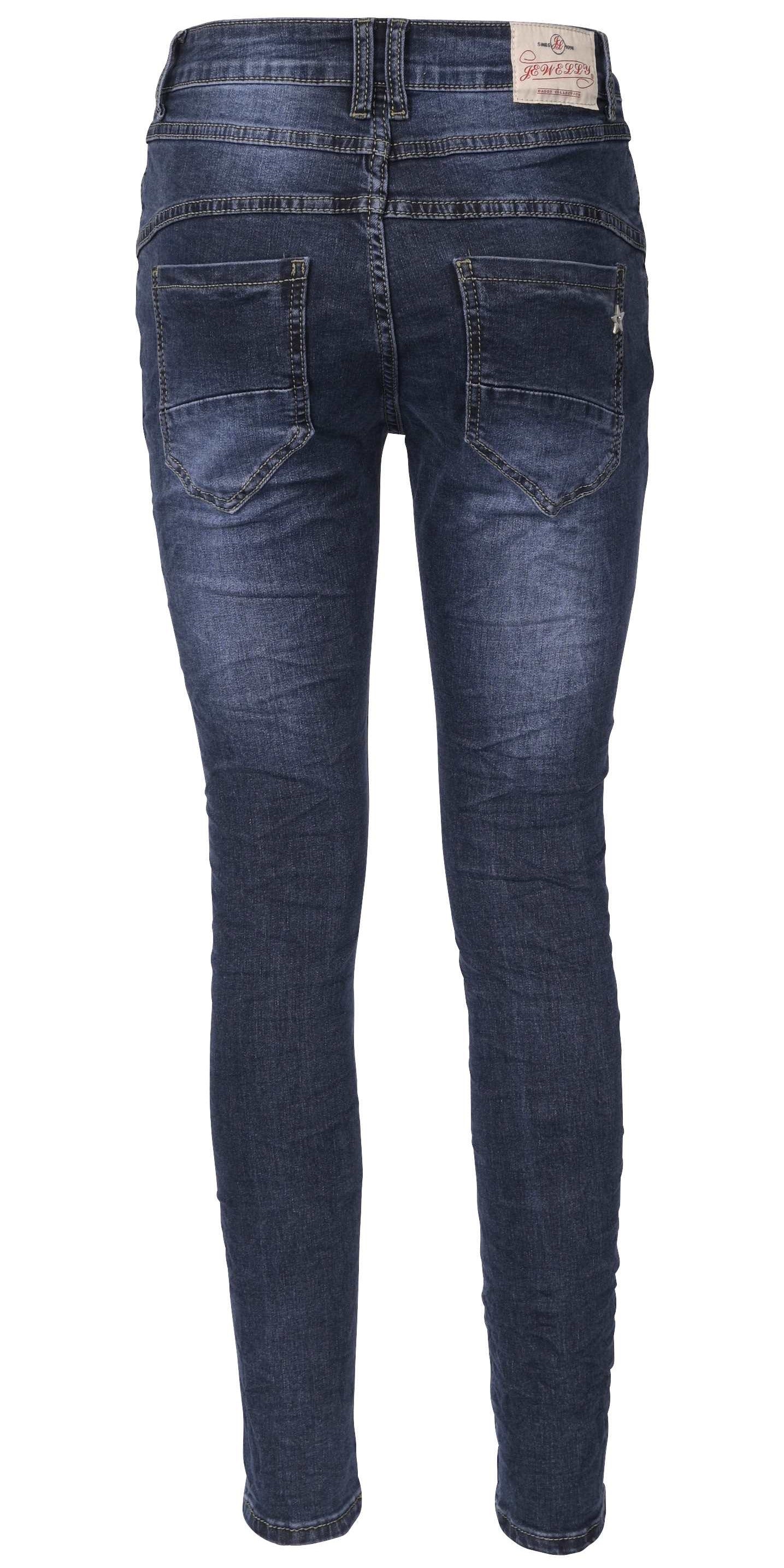 Jewelly Damen Jeans  | Stretch Jeans Five-Pocket im Crash-Look | Boyfriend Hose und sichtbarer Knopfleiste mit Schmuckknöpfen