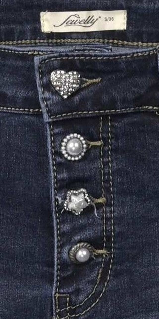 Jewelly Damen Jeans  | Stretch Jeans Five-Pocket im Crash-Look | Boyfriend Hose und sichtbarer Knopfleiste mit Schmuckknöpfen