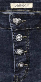 Jewelly Damen Jeans  | Stretch Jeans Five-Pocket im Crash-Look | Boyfriend Hose und sichtbarer Knopfleiste mit Schmuckknöpfen