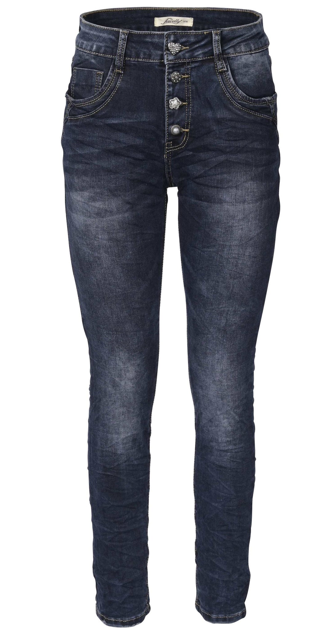 Jewelly Damen Jeans  | Stretch Jeans Five-Pocket im Crash-Look | Boyfriend Hose und sichtbarer Knopfleiste mit Schmuckknöpfen