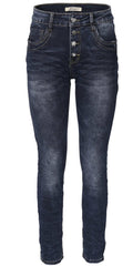 Jewelly Damen Jeans  | Stretch Jeans Five-Pocket im Crash-Look | Boyfriend Hose und sichtbarer Knopfleiste mit Schmuckknöpfen