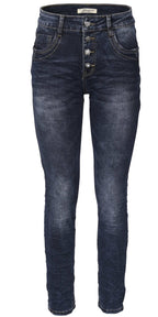 Jewelly Damen Jeans  | Stretch Jeans Five-Pocket im Crash-Look | Boyfriend Hose und sichtbarer Knopfleiste mit Schmuckknöpfen