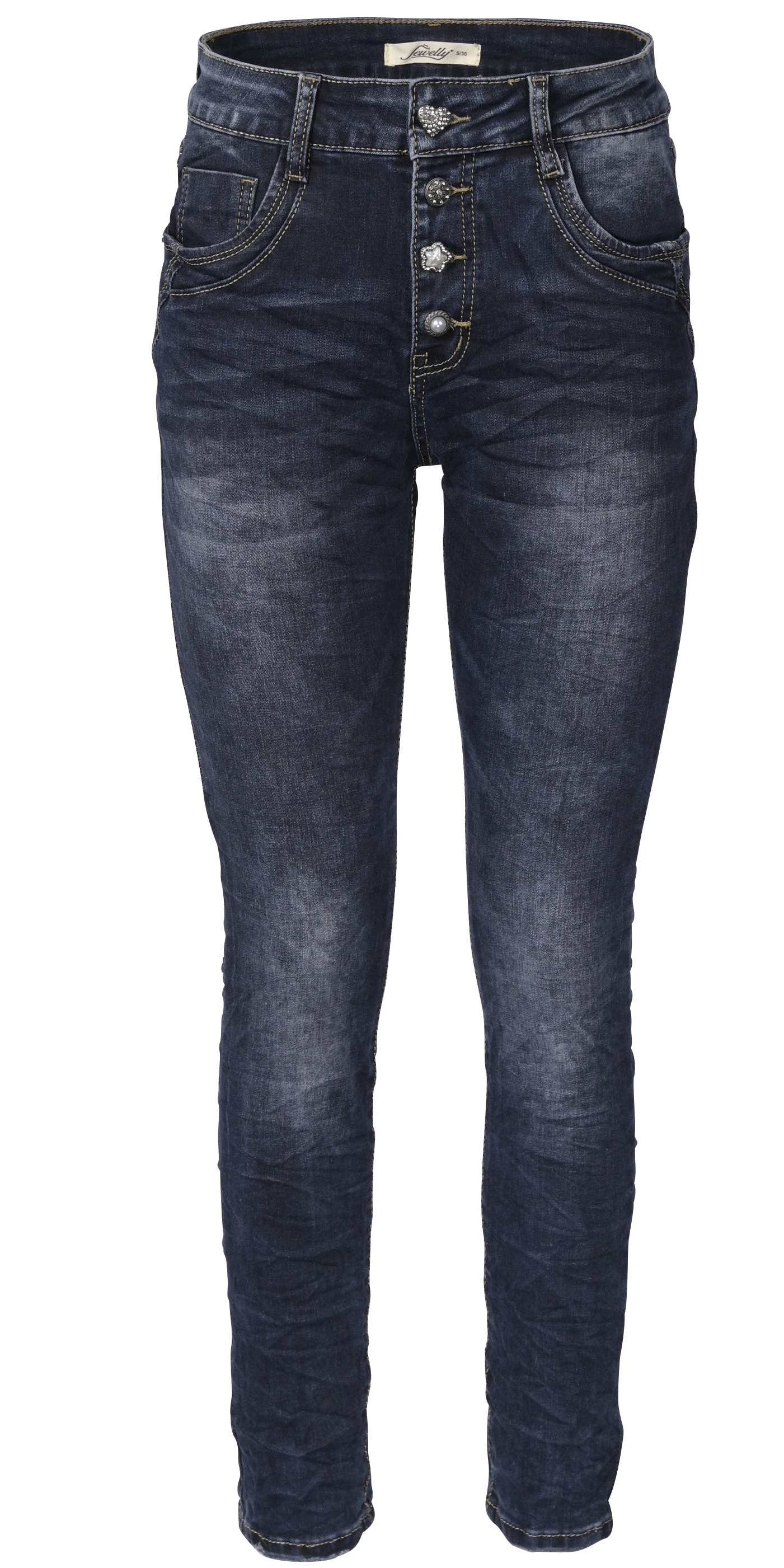 Jewelly Damen Jeans  | Stretch Jeans Five-Pocket im Crash-Look | Boyfriend Hose und sichtbarer Knopfleiste mit Schmuckknöpfen