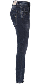 Jewelly Damen Jeans  | Stretch Jeans Five-Pocket im Crash-Look | Boyfriend Hose und sichtbarer Knopfleiste mit Schmuckknöpfen
