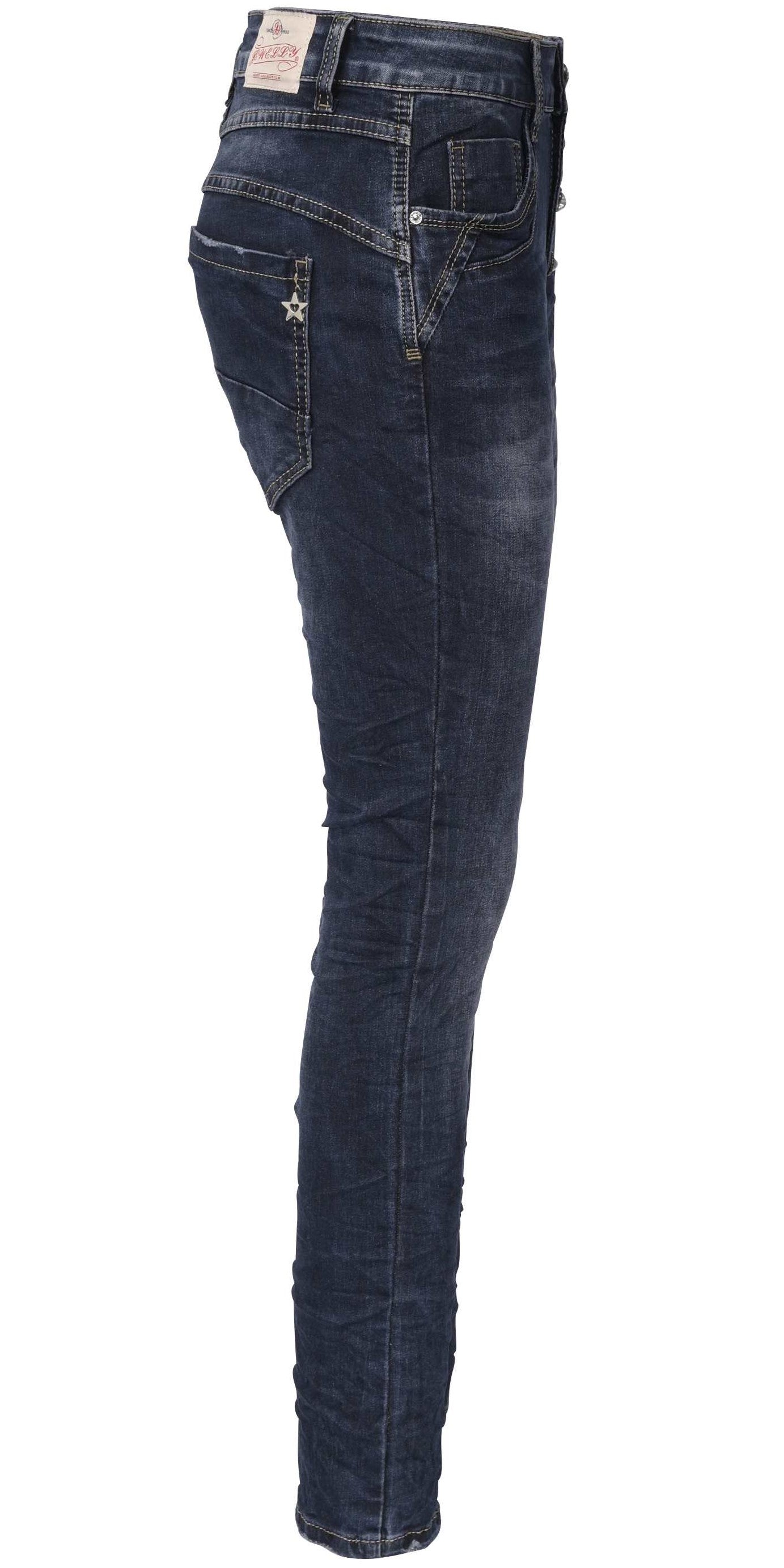 Jewelly Damen Jeans  | Stretch Jeans Five-Pocket im Crash-Look | Boyfriend Hose und sichtbarer Knopfleiste mit Schmuckknöpfen